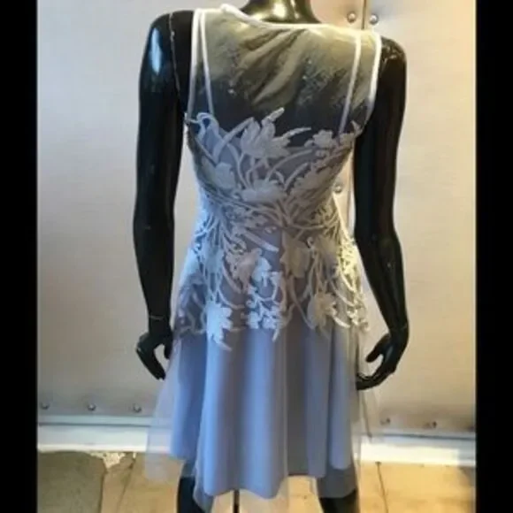 Eva Franco Mesh Overlay Floral Sleeveless Dress Pale Blue - Picture 4 of 4